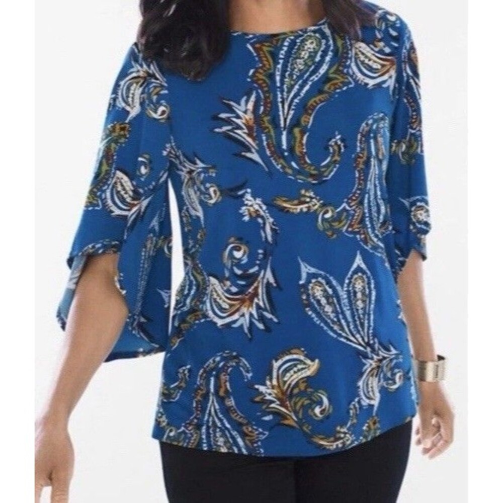 Chico's Top Size 1 M Women's Blue Paisley 3/4 Sleeve BOHO Knit Colorful Vibrant